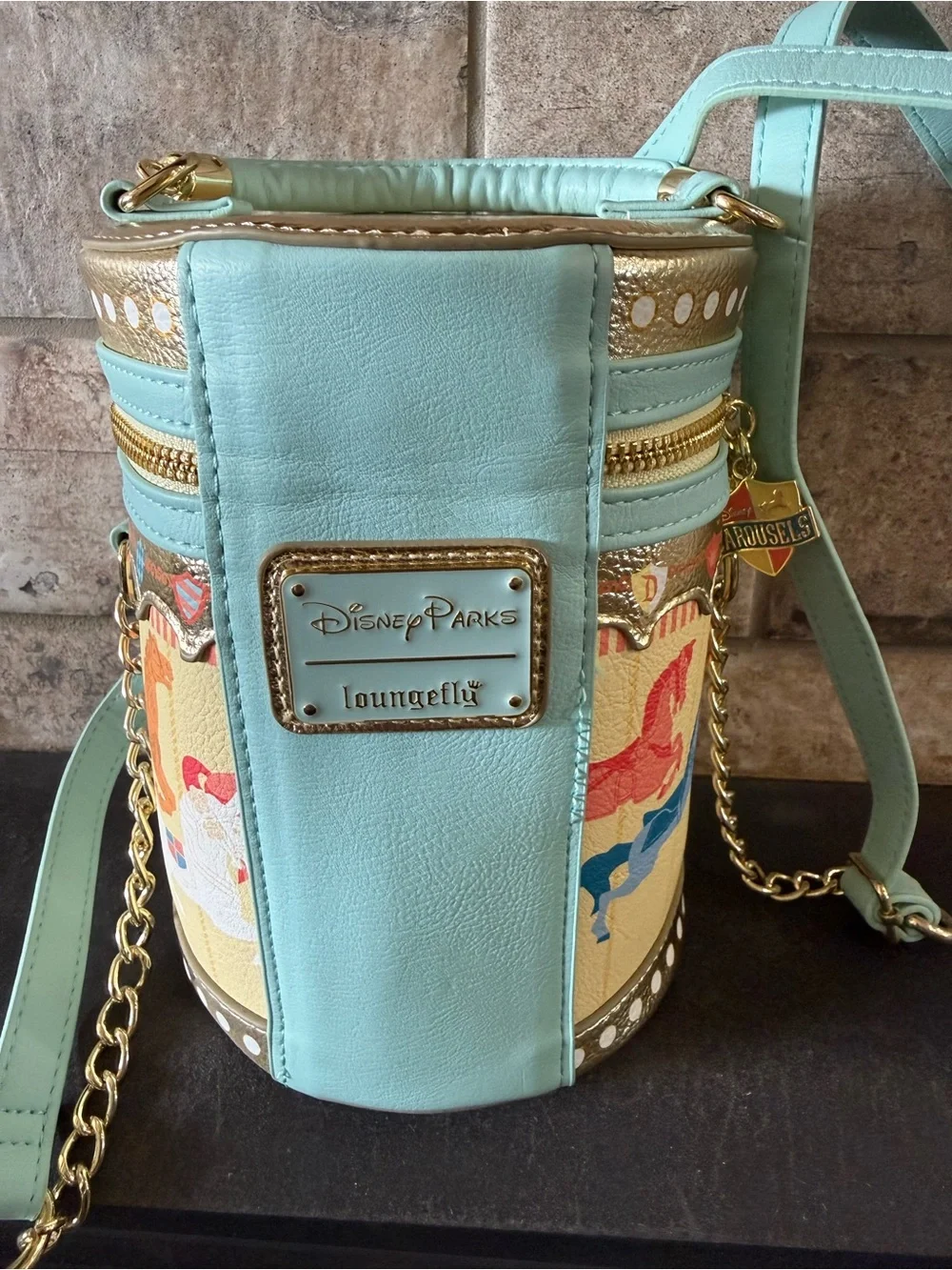 Loungefly Whimsical Carousel Bucket Bag in Mint & Gold - Picture 2 of 5